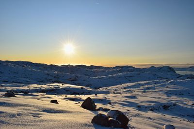 Scenic view of snowy landscape against clear sky during sunset