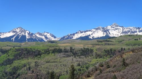 Scenic view of snowcapped mountains against clear blue sky