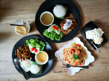 High angle view of breakfast on table