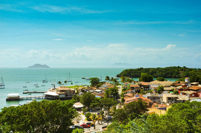 High angle view of buildings by sea against sky