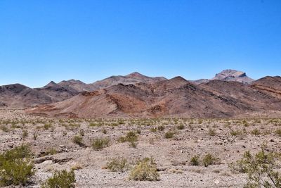 Scenic view of mountains against clear blue sky