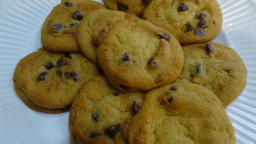 High angle view of cookies in plate