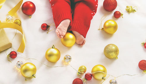 Directly above shot of christmas decorations on table