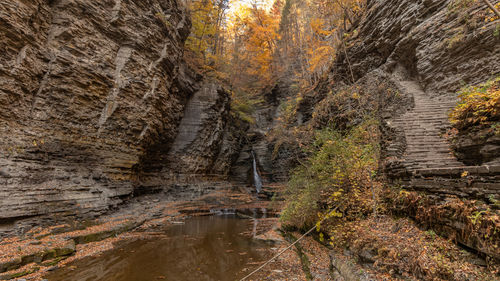 Waterfalls in a sculpted rocky gorge with staircase leading to a stone bridge in the autumn