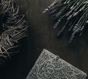 Directly above shot of lavenders with box on table