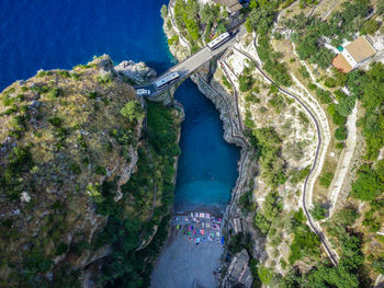 Aerial view of the fiordo di furore beach, amalfi coast