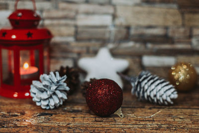 Close-up of christmas decoration on table