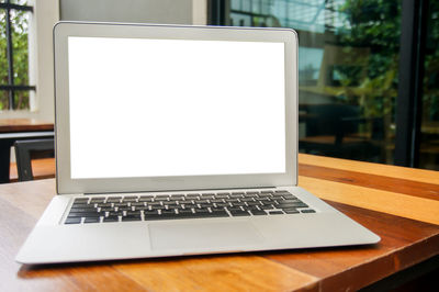 Low angle view of laptop on table