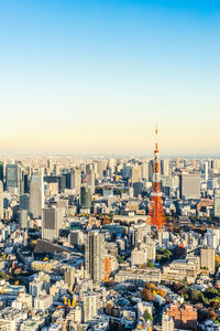 Aerial view of cityscape against clear sky during sunset