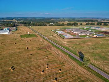 High angle view of agricultural field against sky