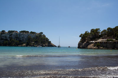 Scenic view of sea against clear blue sky