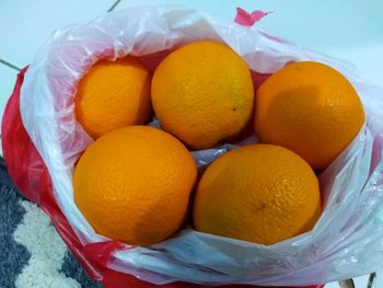 High angle view of orange fruits in container