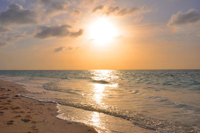 View of calm beach at sunset