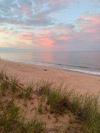 Scenic view of beach against sky during sunset