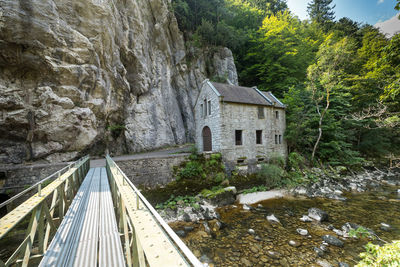 Bridge over river against trees