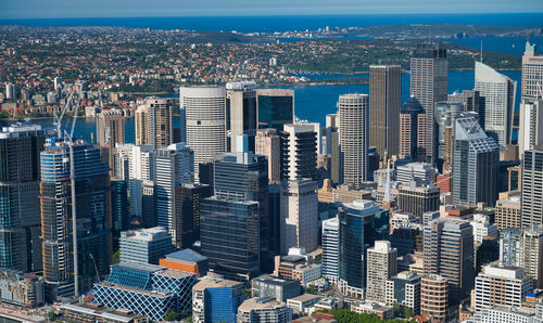 High angle view of modern buildings in city