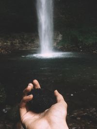Cropped image of hand holding black urchin against waterfall