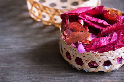 Close-up of pink roses in basket on table