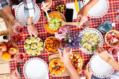 High angle view of people eating food