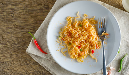 High angle view of noodles in bowl on table