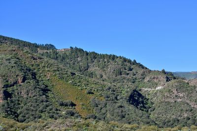 Scenic view of mountains against clear blue sky