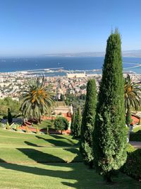 Scenic view of sea and trees against sky