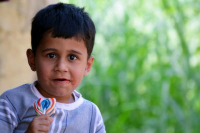 Close-up portrait of boy having lollipop