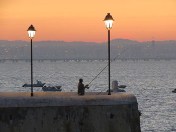 Bird perching on street light by sea against sky during sunset