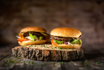 Close-up of burger on table