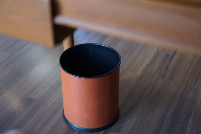 High angle view of coffee cup on table