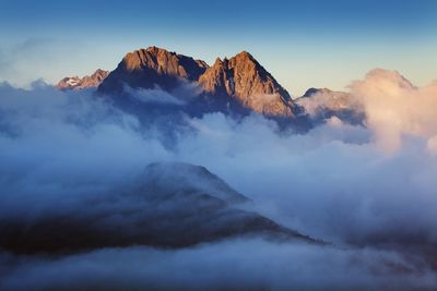 Panoramic view of snowcapped mountains against sky during sunset