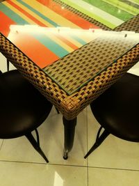 Close-up of chairs on table