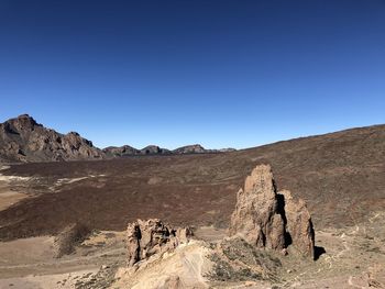 Scenic view of desert against clear blue sky