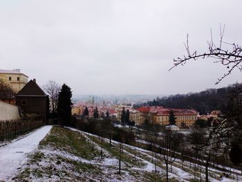 Snow covered houses and buildings against sky