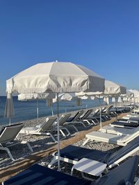 Panoramic view of sea against clear blue sky