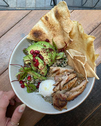 High angle view of breakfast served on table