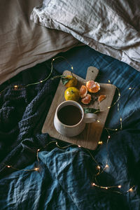 High angle view of food on bed