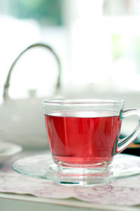 Close-up of tea in glass on table