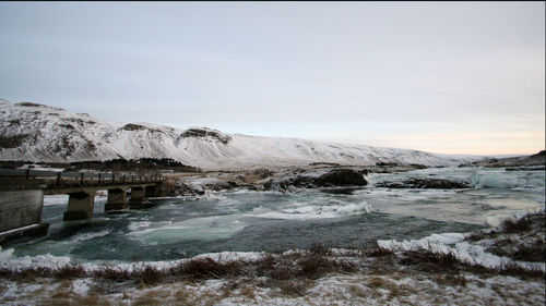 Scenic view of snowy landscape against clear sky