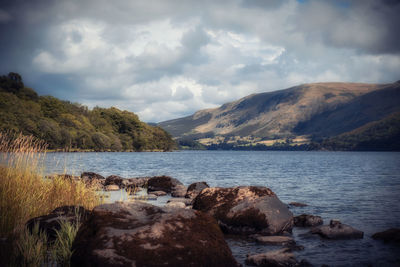 Scenic view of lake and mountains against sky