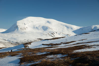 Scenic view of snowcapped mountains against clear blue sky