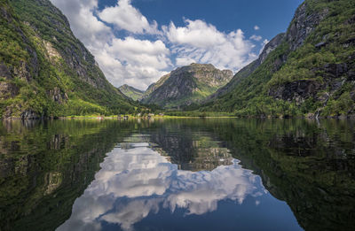 Scenic view of lake and mountains against sky