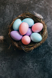 High angle view of easter eggs in nest