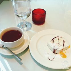 High angle view of dessert served on table