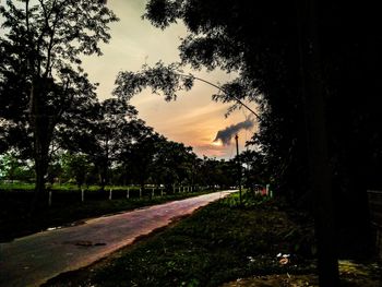Road amidst trees against sky during sunset