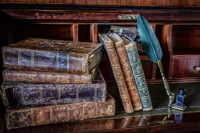 Close-up of old books on table