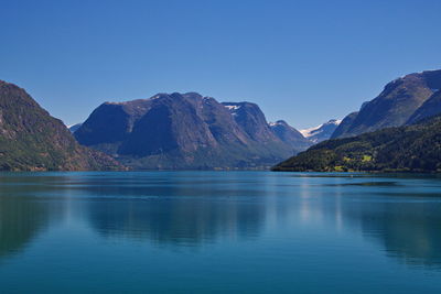 Scenic view of lake and mountains against clear blue sky