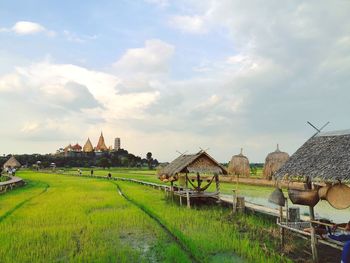 Panoramic view of temple on building against sky