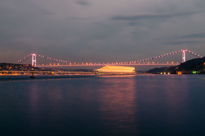 Illuminated bridge over river against sky at night