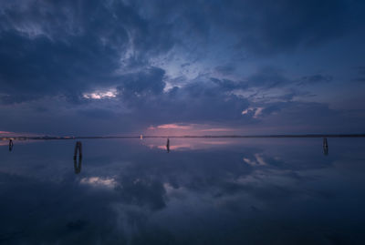 Scenic view of lake against sky at sunset